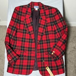 Pendleton Blazer Women 8 Red Black Plaid Wool Classic Gold Button Made in USA
